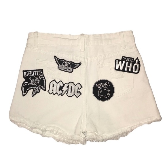 Pants - White Denim Shorts W/ Black & White Rock Patches